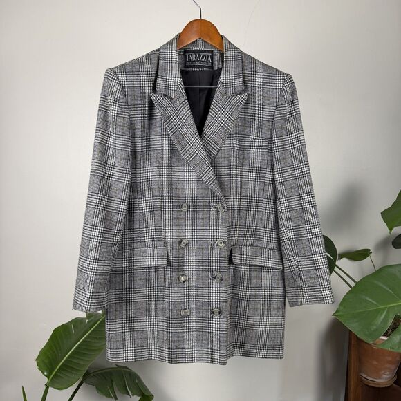 Vintage 80s 90s Houndstooth Plaid Double Breasted Blazer, Black Check Jacket - Picture 6 of 12